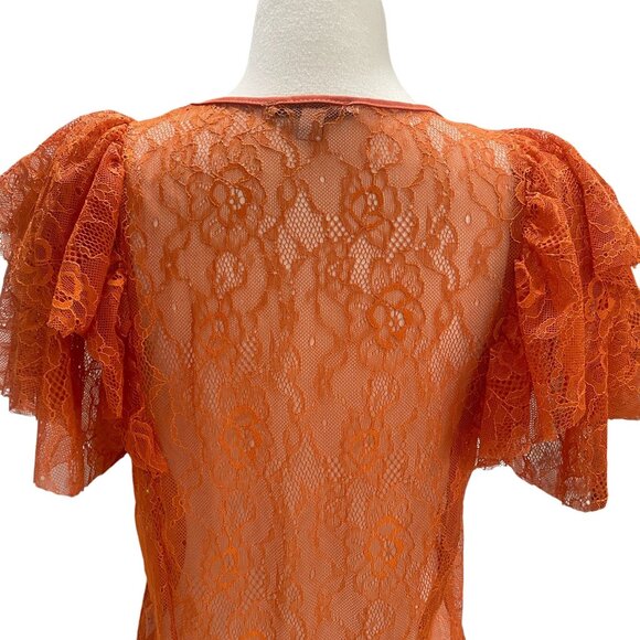Haute Monde Orange Lace Flutter Sleeve Sheer Blouse Summer Romantic M - Picture 10 of 10